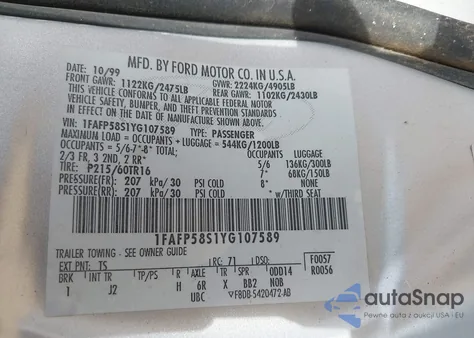 2000 Ford Taurus Se from USA, damaged, VIN 1FAFP58S1YG107589